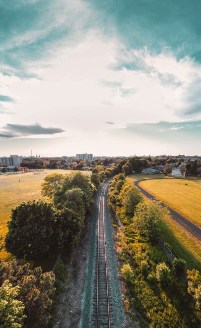 An expansive aerial view showcasing a railway track running through a lush, green landscape near Herne Hill. On one side of the tracks, there are neatly maintained grass verges and dense clusters of t